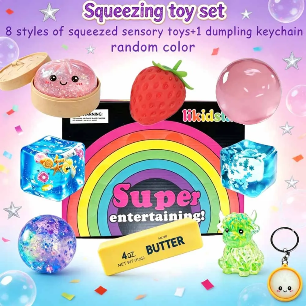 9PCS Glitter Squeeze Fidget Toy Set, 8 Styles Sensory Squishy Stress Relief Toys with Dumpling Keychain, Cute Transparent Water Bead Hand Pinch Toys for Kids Adults Anxiety Relief, Random Color Party Favor Gift Box