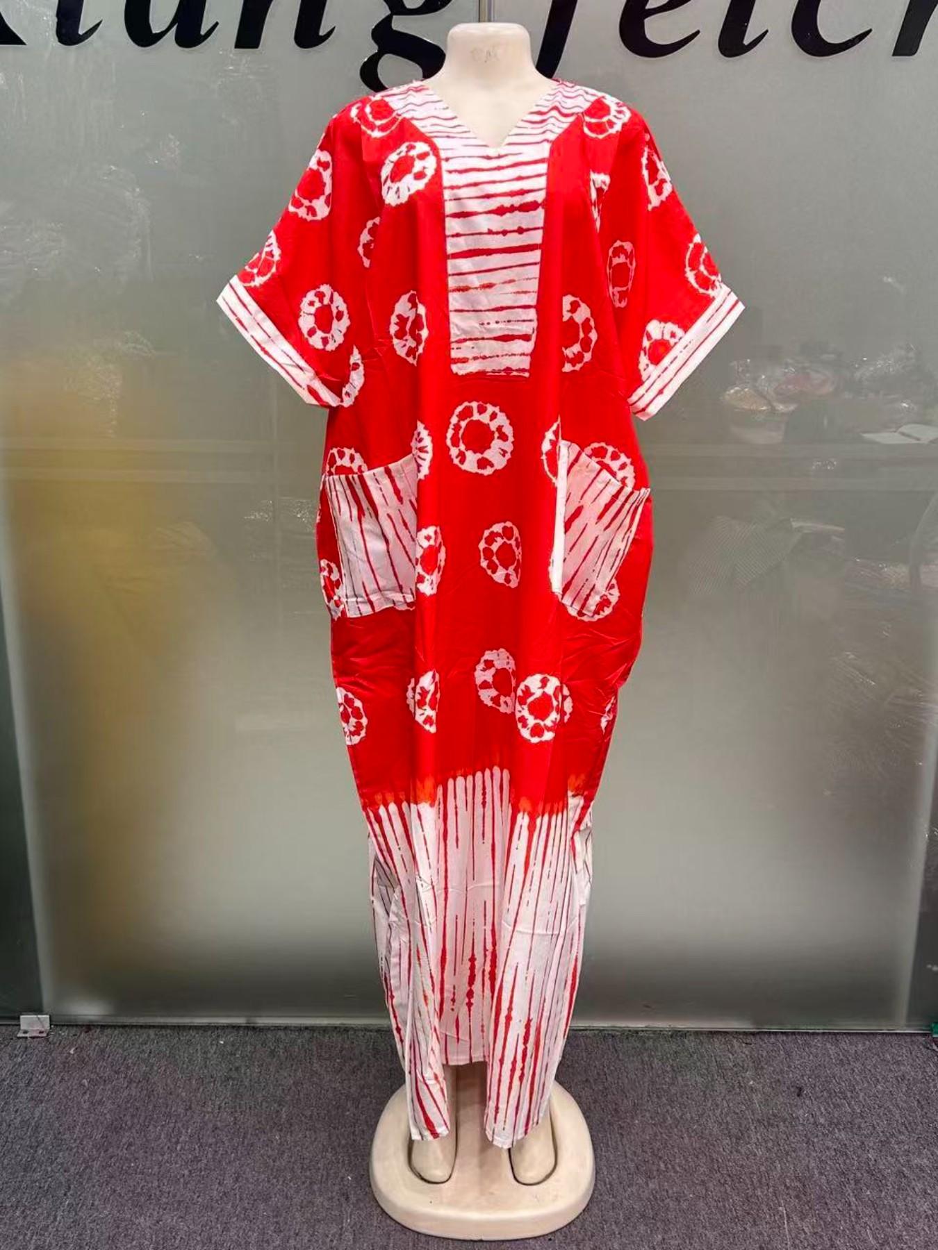 African Style Fashion Dress Summer Loose Plus Size Print Chest Patch Ethnic Boubou Kaftan Long Robe Daily Travel Party V Neck Short Sleeve with Pockets and Scarf Casual Wear