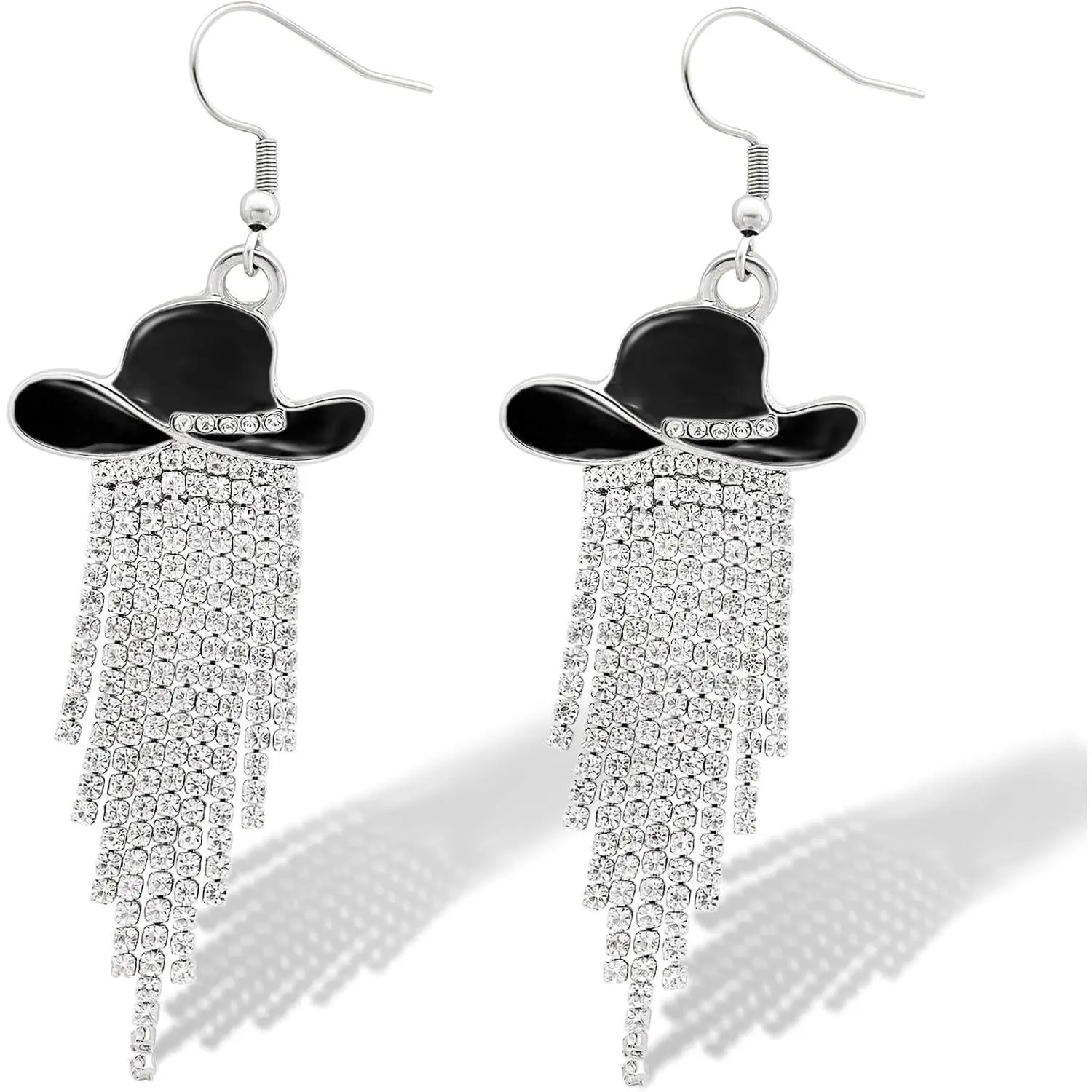 Western Cowgirl Enamel Hat Sparkly Rhinestone Tassel Dangle Earrings for Prom Country Concerts Rodeo Outfits Jewelry Gift(Gift)