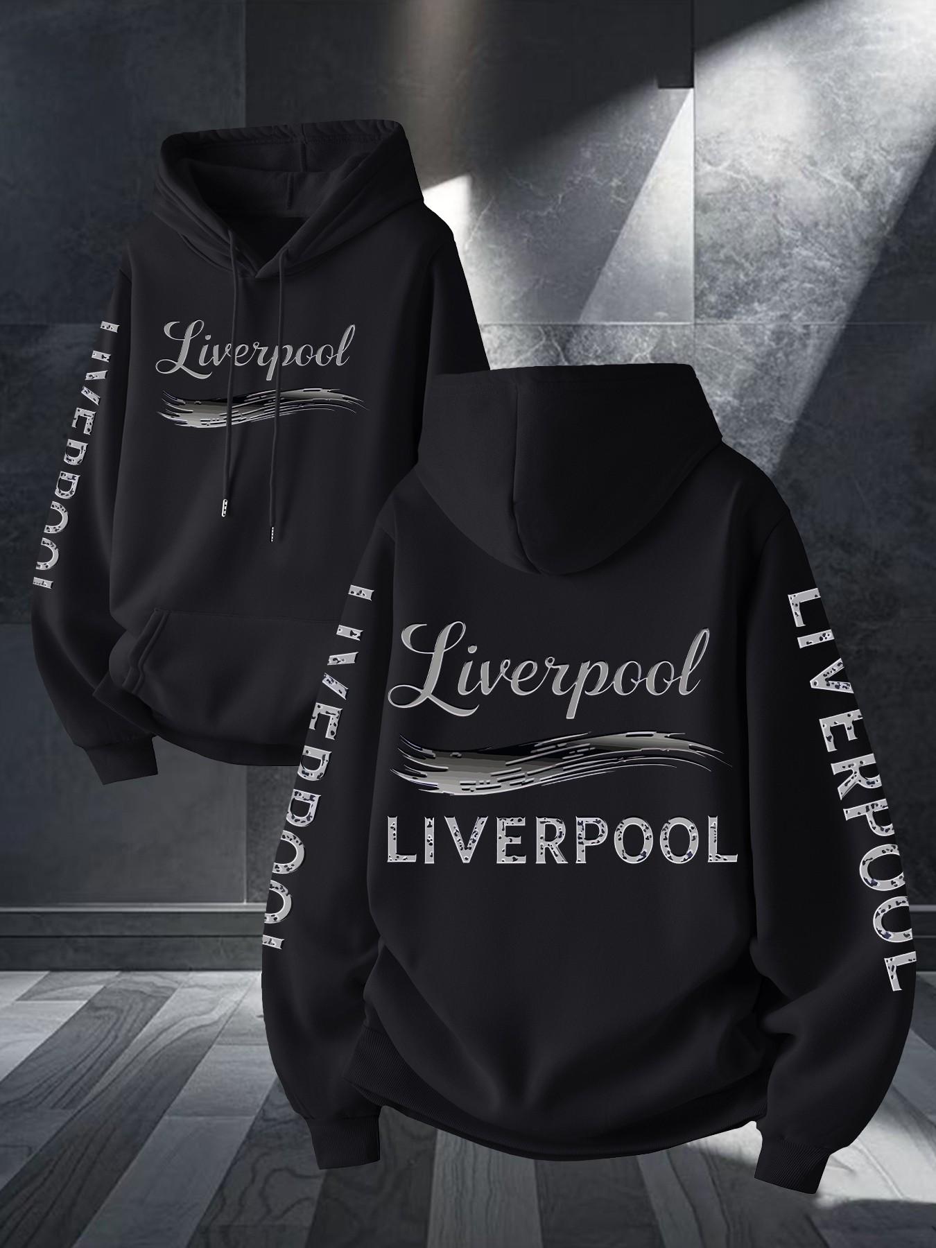 Liverpool Art Brush Print Hoodie, Unisex Long Sleeve Casual Sweatshirt, Geometric Pattern, Kangaroo Pocket, Fall & Winter Streetwear
