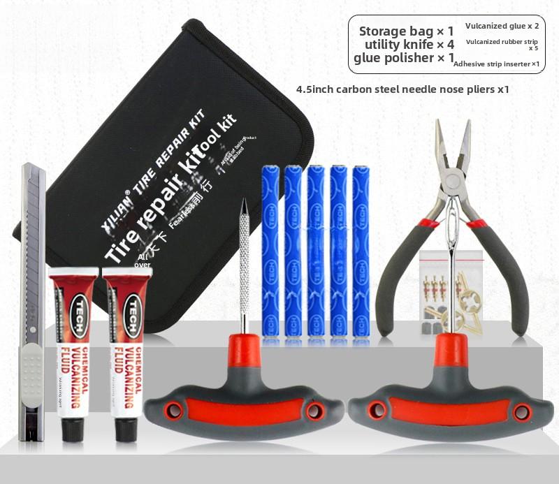 Car Motorcycle Electric Scooter Tubeless Tire Repair Kit with Vulcanizing Strips and Patching Tools