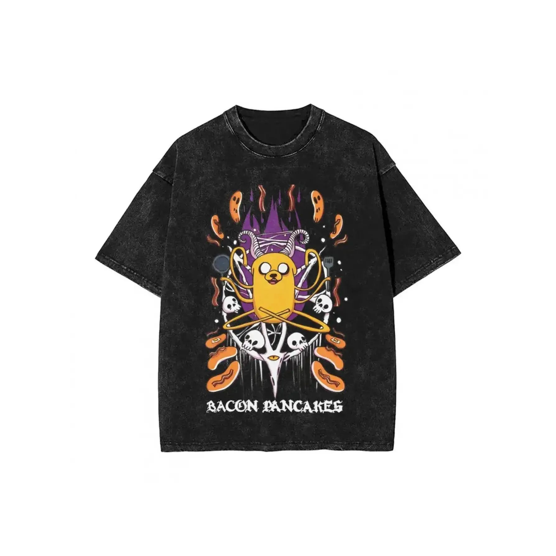 Unisex Cotton Adventure Time Bacon Pancakes Graphic T-Shirt - Oversized Retro Round Neck Short-Sleeve Top, Vintage Washed Black Distressed, Casual All-Seasons Streetwear, Guys' Gifts, Playful Sports Tops