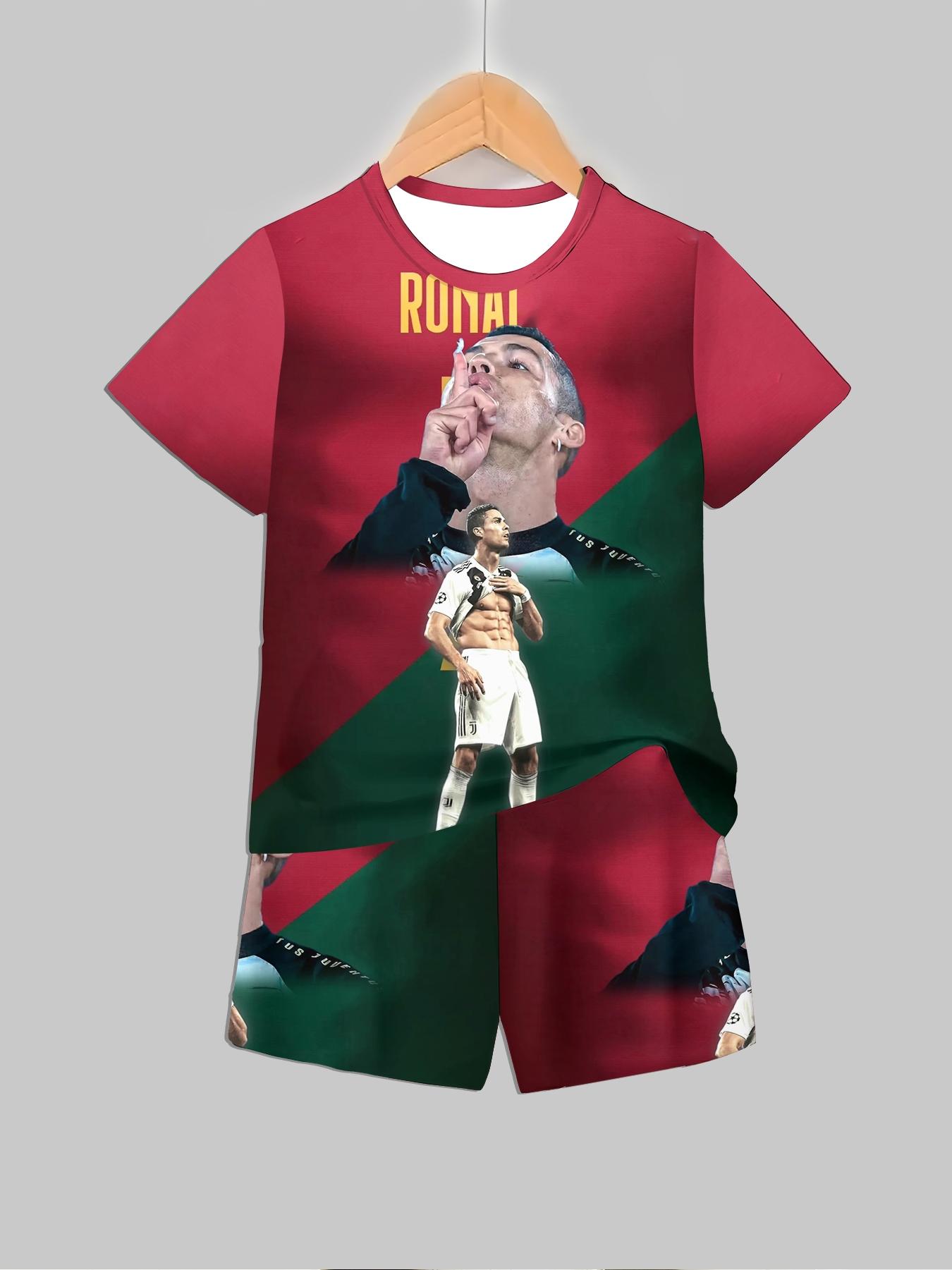 Cristiano Ronaldo Classic Celebration Printed Kids Sports Suit, Boys T-shirt & Shorts, Outdoor Football Training & Casual Two-Piece Set
