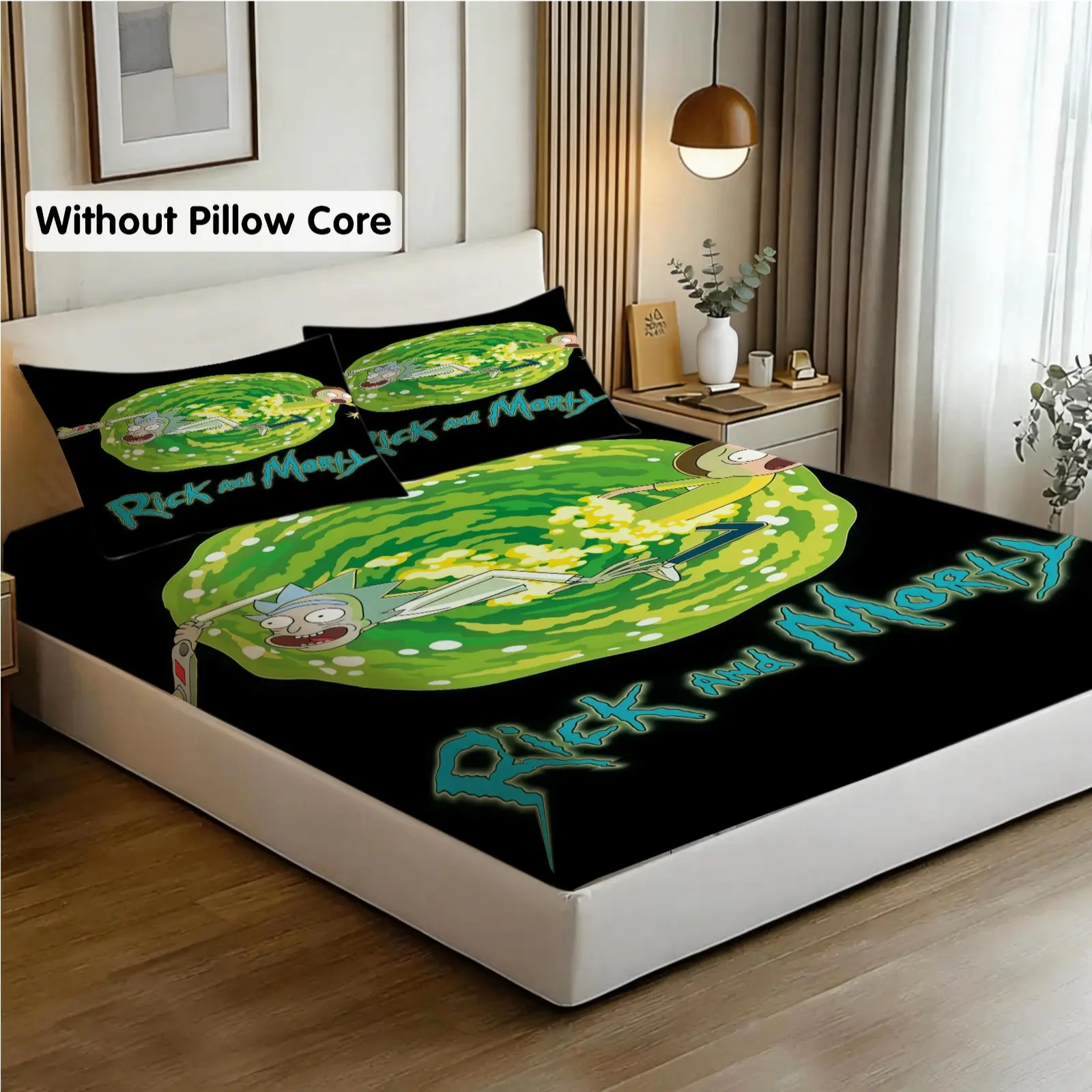Rick and Morty Anime Print 3-Piece Fitted Sheet Set, 1 Fitted Sheet & 2 Pillowcases (No Pillow Inserts), Sci-Fi Cartoon Bedding, Soft Skin-Friendly, Slip Resistant Dustproof, Bedroom & Dorm Decor, Holiday & Housewarming Gift for Teens & Adults, Bed Stuff