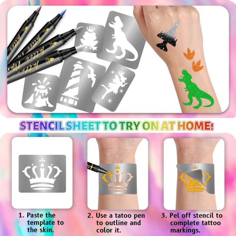 Temporary Tattoo Markers,10/12/18/24 Colors Metallic Markers,Tattoo Stencil, Cosmetic Tattoos Pens,Flexible Brush Tip, Bright colors, Face Paint Kit Cosmetic Quality,Christmas gifts