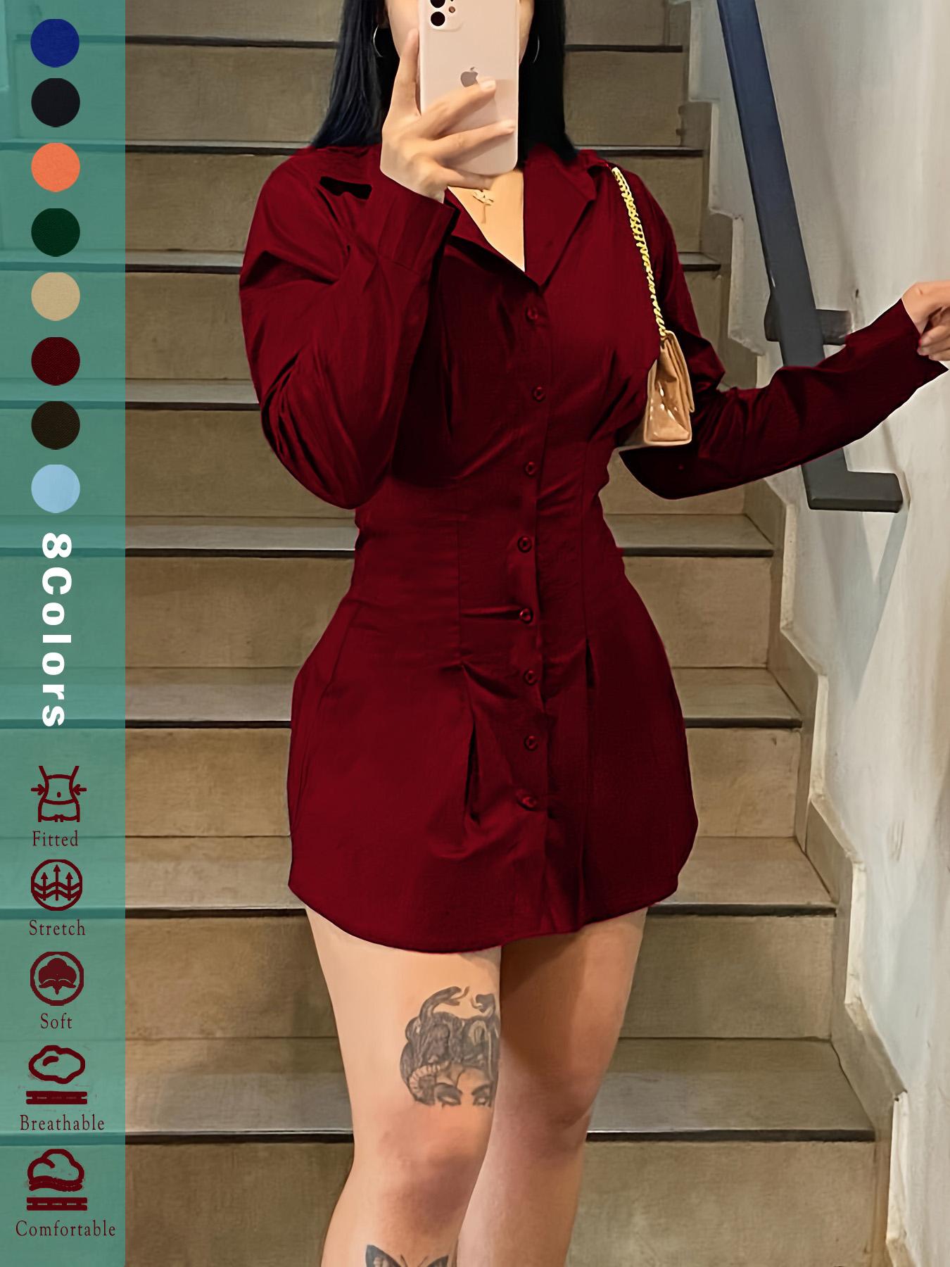 Solid Color Button-Up Woven Fit Mini Dress with Asymmetrical Hem, Elastic Ruffled Waist Design for Casual and Party Wear, Trending Tiktok Style for Teen Girls, Womenswear