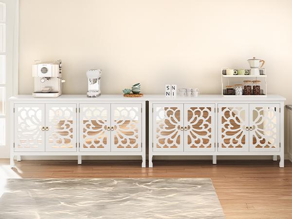 RoyalCraft Carved Sideboard Cabinet with Storage, 63'' Modern Buffet Cabinet with Mirrored Door and Adjustable Shelves, Accent Cabinet for Entryway, Dining Room, Living Room, Kitchen, Bathroom