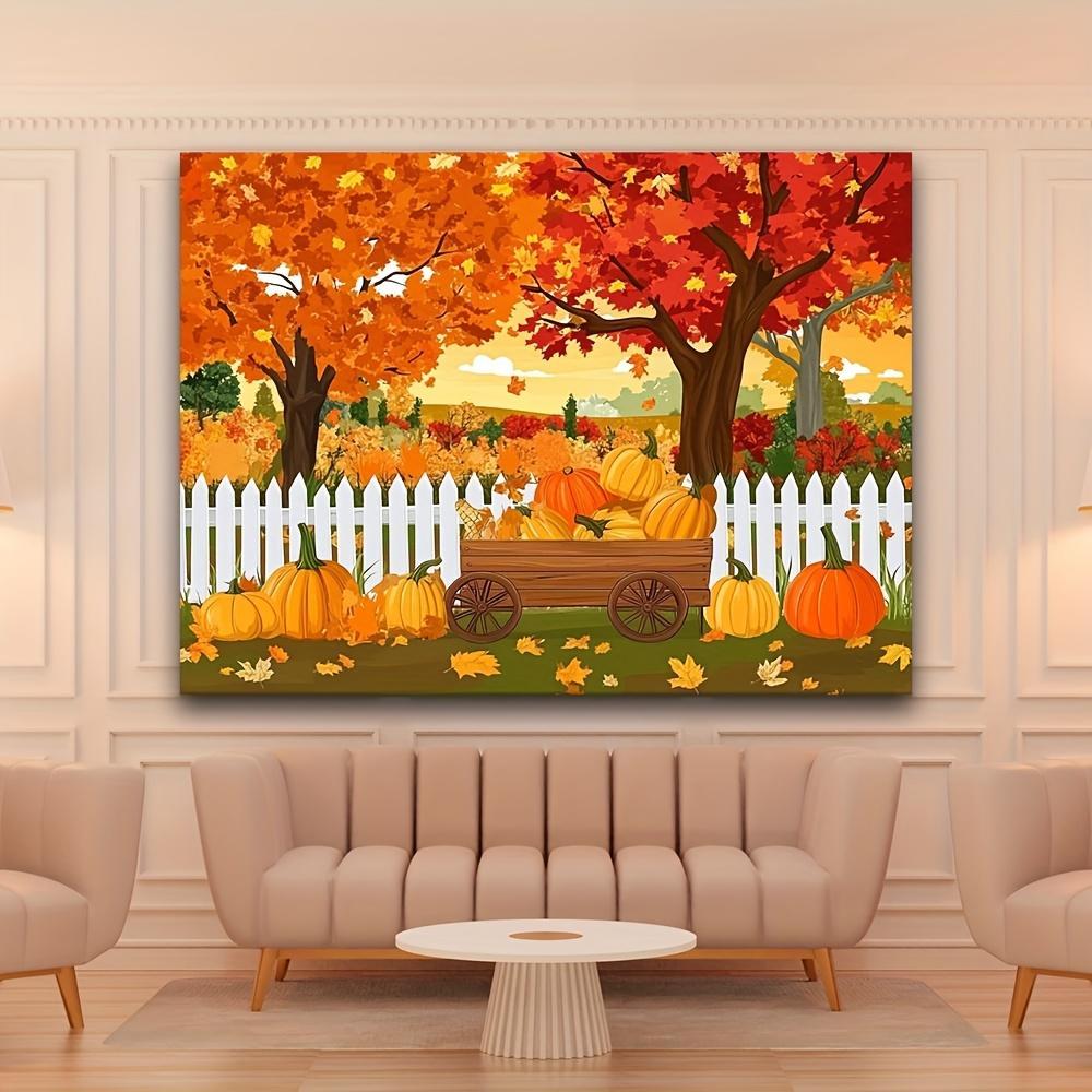 2D Flat, 2D Flat Banner, 1pc Rustic Autumn Photography Backdrop - Autumn Maple Trees with White Fence and Pumpkin Carriage, Vibrant Thanksgiving Harvest Background, Photo Booth Prop, Party Decorat