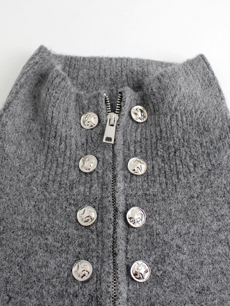 Elegant Women's Knitted High Neck Long Sleeve Cardigan, with Ribbed and Faux Button Detail, Perfect for Spring & Fall Fashion