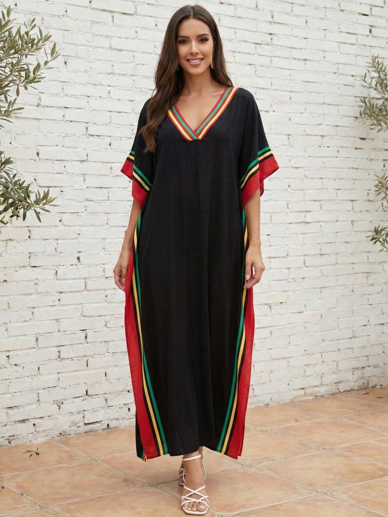 EDOLYNSA Striped kaftan dress cozy house robe muumuu outfits Moo Moo Dress vacation relaxed beach wear leisure wear versatile cover up daily wear Homewear Boho Casual Dress Q1615