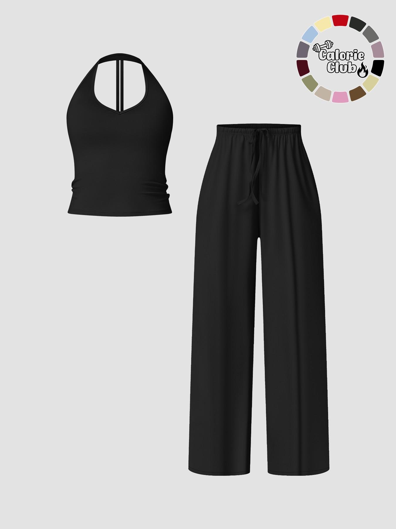 Women's Quick-Dry Sports Tank Top, Casual High-Waisted Bell Bottoms, Comfortable Sporty, All-Season Plain Style, Casual Sportswear Set, Casual Sportswear Outfit
