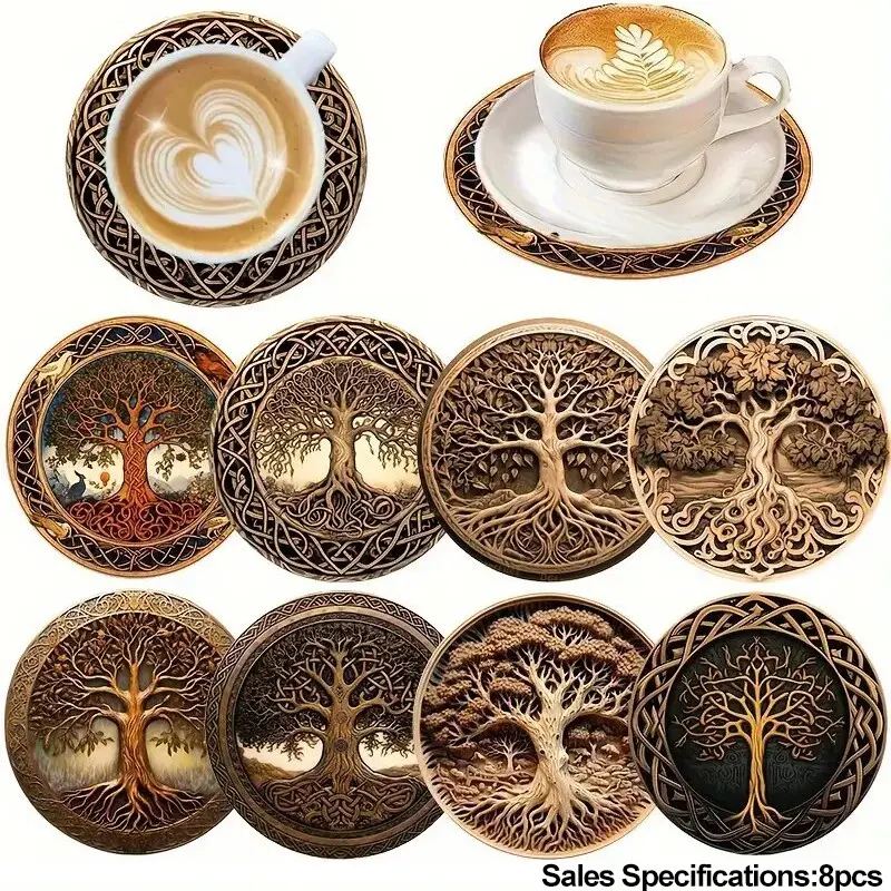 8 Pcs Tree of Life Coaster Set, Retro Carved Wooden Style Aesthetic Decorative Coaster Tableware Dinnerware Drink Mats Coasters for Drinks, Heatproof Cup Pads with Exquisite Pattern, Non-Slip Coasters for Coffee Cups, Tea Cups, Mugs Tabletop Protection