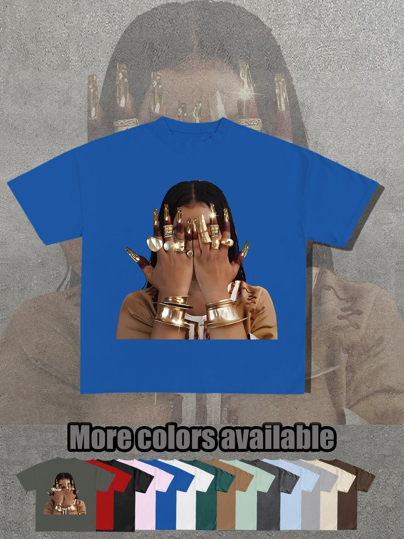 14 Color Options, Retro Egyptian Queen Gold Nail Print T-Shirt, Unisex Short Sleeve, Loose Fit, Street Style, Summer Fashion Essential