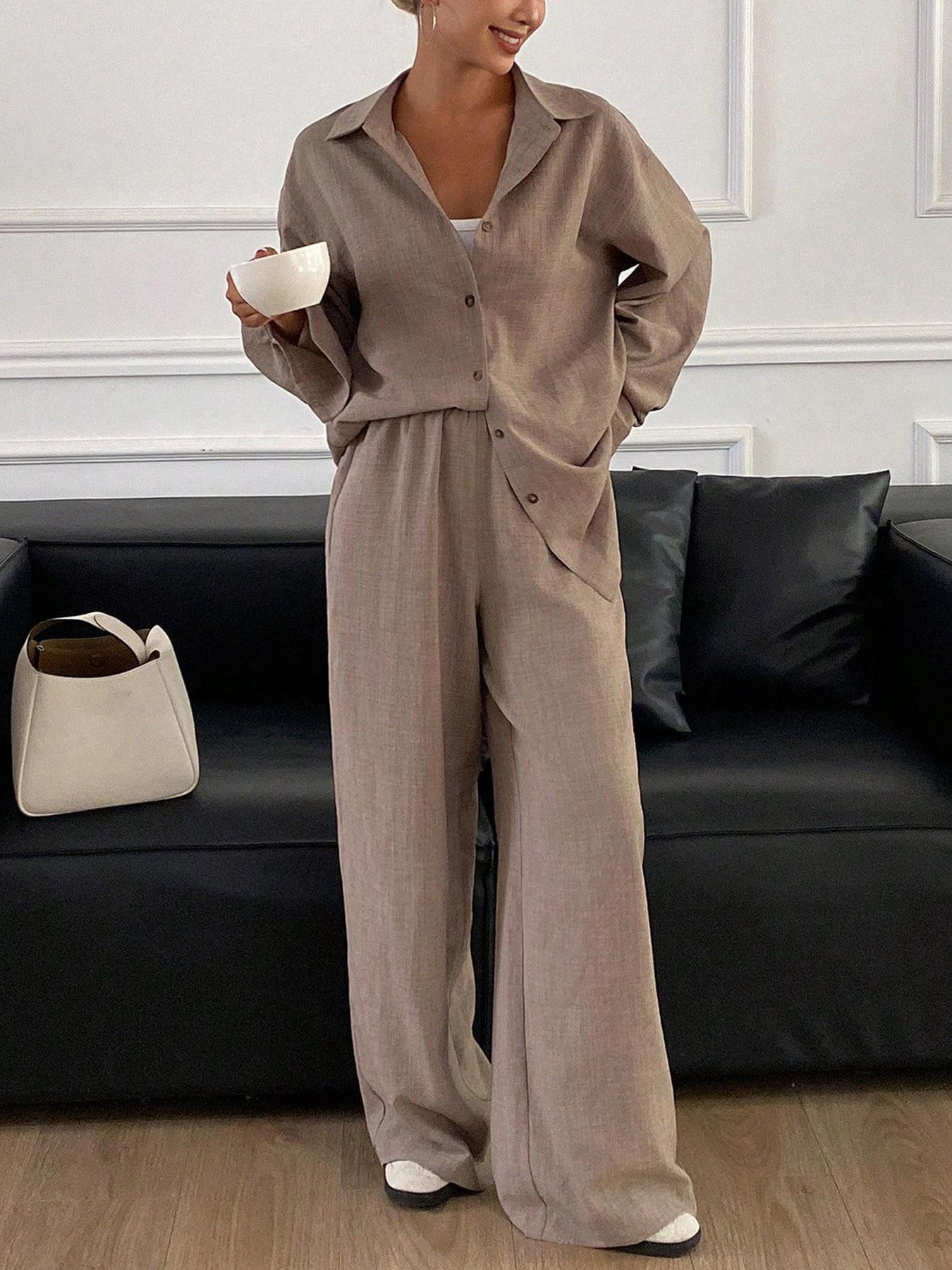 Women's Casual Loose Long Shirt, Comfortable Fall Winter Fabric Top, Simple Design Daily Wear Blouse, Fashion Home Clothes Set