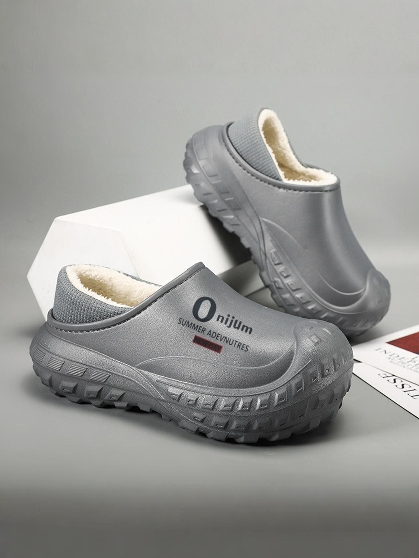 Men's Letter Pattern Waterproof Plush Lining Slippers, Casual Comfortable Home Slippers, Warm Slippers for Indoor & Outdoor Use for Fall & Winter, Lined Slippers