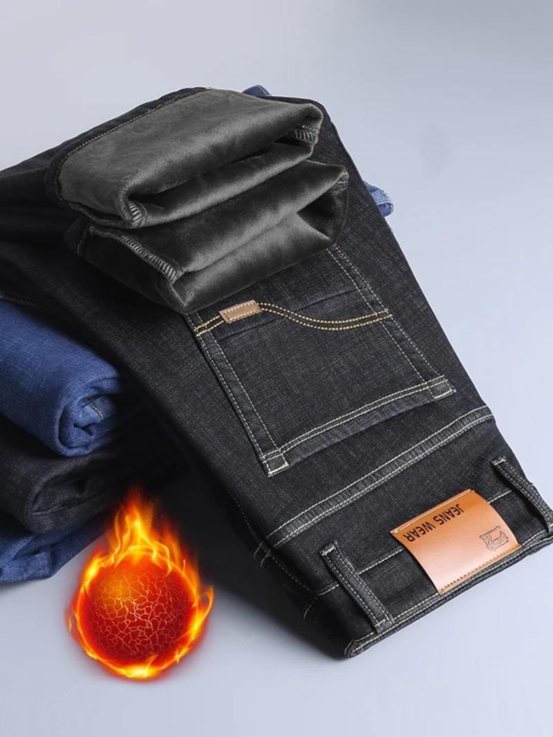 Men's Fleece Lined Thick Denim Jeans, Loose Straight Leg Elastic Big Size Business Casual Pants for Fall Winter, Comfortable & Stylish