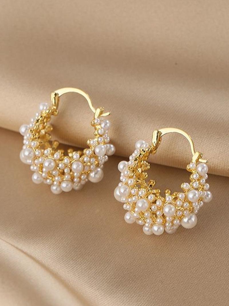 French Vintage Hollow Out Faux Pearl Basket Design Earrings, Fashionable Elegant Women's Daily Party Versatile Delicate Earings, Fashionable Hoop Earrings