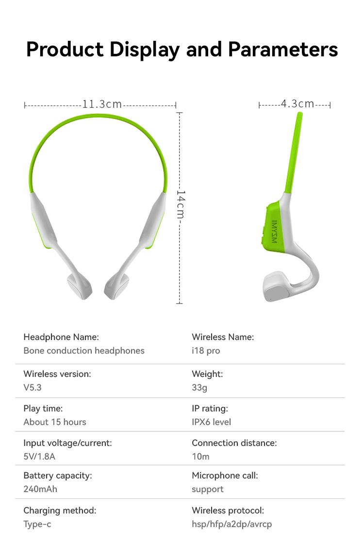 MZYMI i18pro Bone Conduction Neckband Wireless Earphones Headphones Sports Open Ear Headset With Mic Stereo Earbud Audio Black