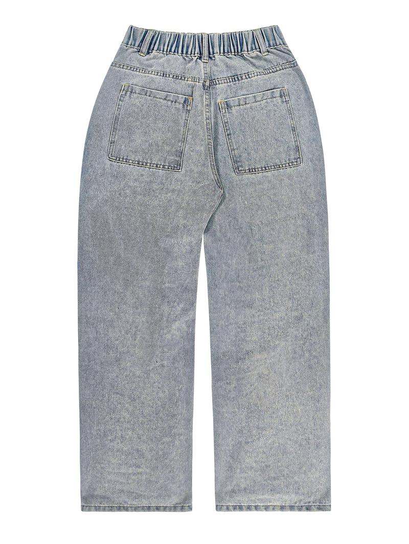 Elengatine Embossed Flame Pattern Denim Jeans for Women Light Wash Finish Loose Wide Leg Silhouette Elasticized Waistband for Comfort Unique Textured Design Y2K Streetwear Inspired Perfect for Casual Outfits Stand Out Fashion Piece Pants Bottom