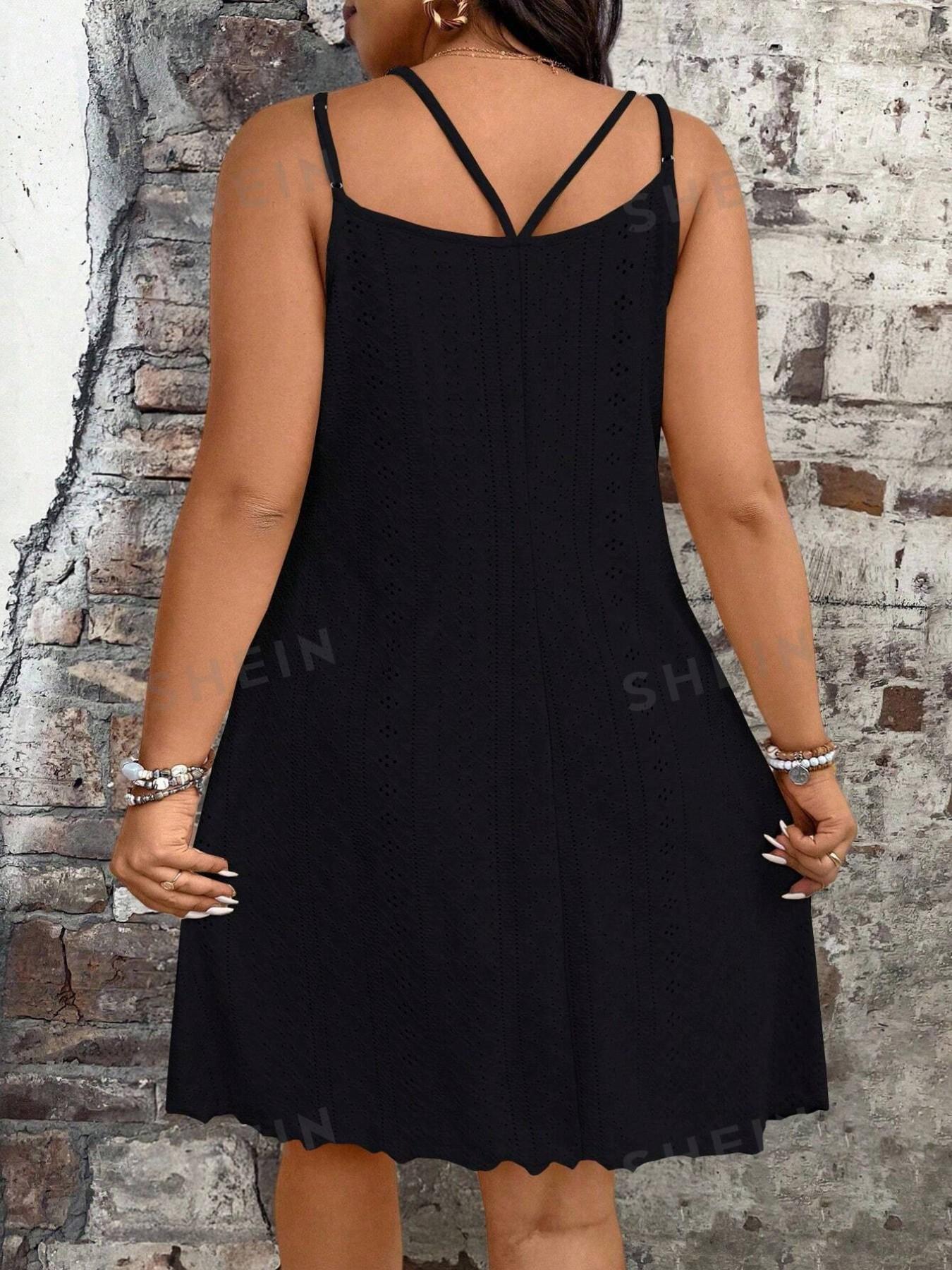 Plus Size Women's Lace Embroidered Thin Strap Mini Dress, Wood Trim Hem, Backless Y-Strap, Summer Loose A-Line Dress