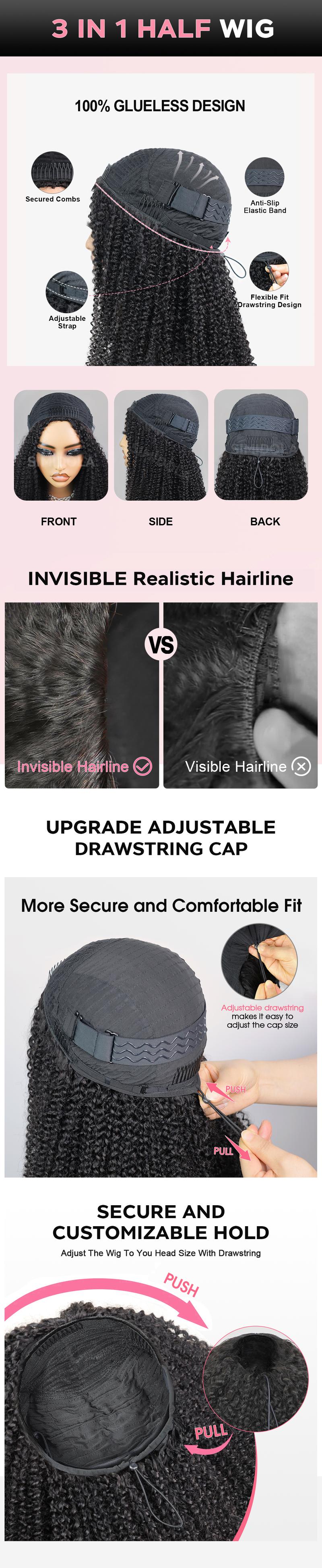 SIMIDOLA Kinky Straight Body Wave Glueless 3 In 1 Half Wig 200% Density Upgrade With Drawstring Cap Invisible Hairline Human Hair  Wigs Beginner Friendly TikTokShopBlackFriday