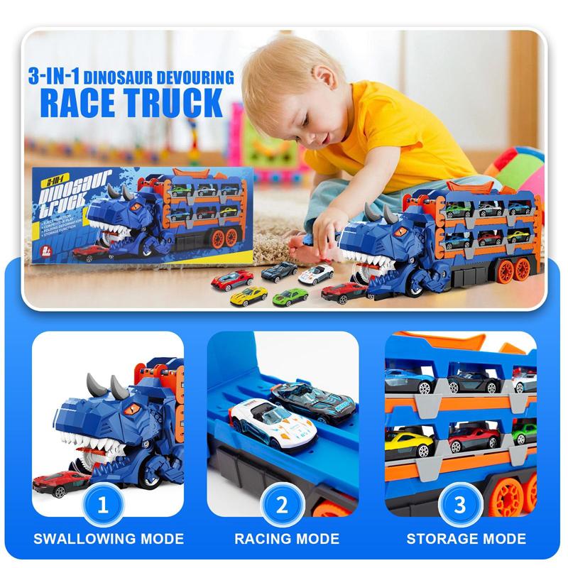 Blue/ Dinosaur Toy Car Set, Foldable Track, Includes 6 Cast Cars, Parent-Child Interactive Play, Boy Toys, Kids Birthday Gift