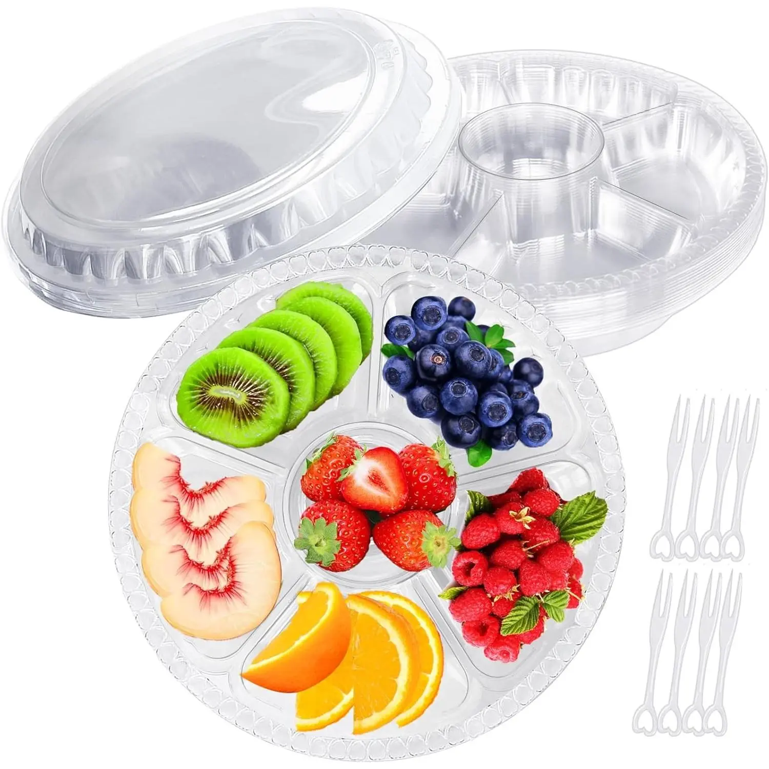 12 Pack Disposable 10 Inch Clear Round Plastic Appetizer Trays with Lids 6 Compartment Serving Platters with 100 Pcs Forks for Snack Food Fruit Vegetable Party Buffet Favors