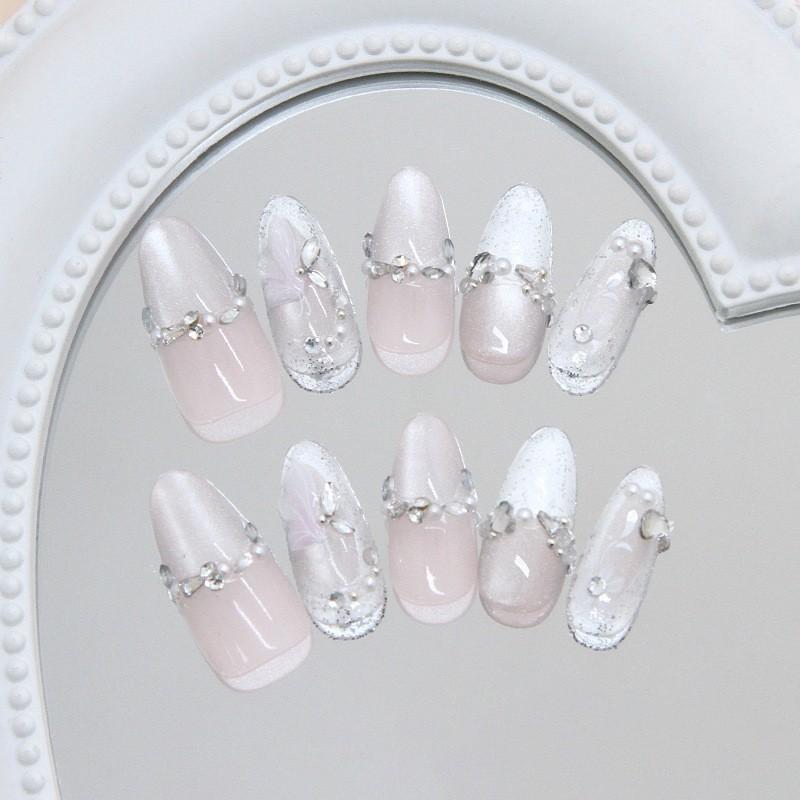3D Cat Eye Butterfly Acrylic Nails with Diamond Sparkle, French Style White French Tip Almond Shaped Beauty, 30 Pcs Easy to Remove for DIY Nail Art