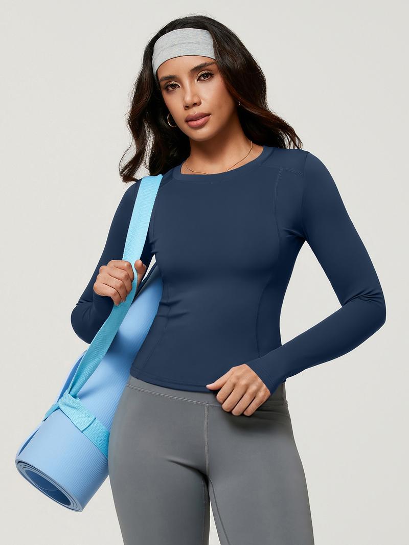 Women's Solid Color Long Sleeve Sport Top, Round Neck Thumb Hole Design, Comfortable Casual Yoga Gym Running Cycling Golf Tennis Wear, Fitness Running Tops