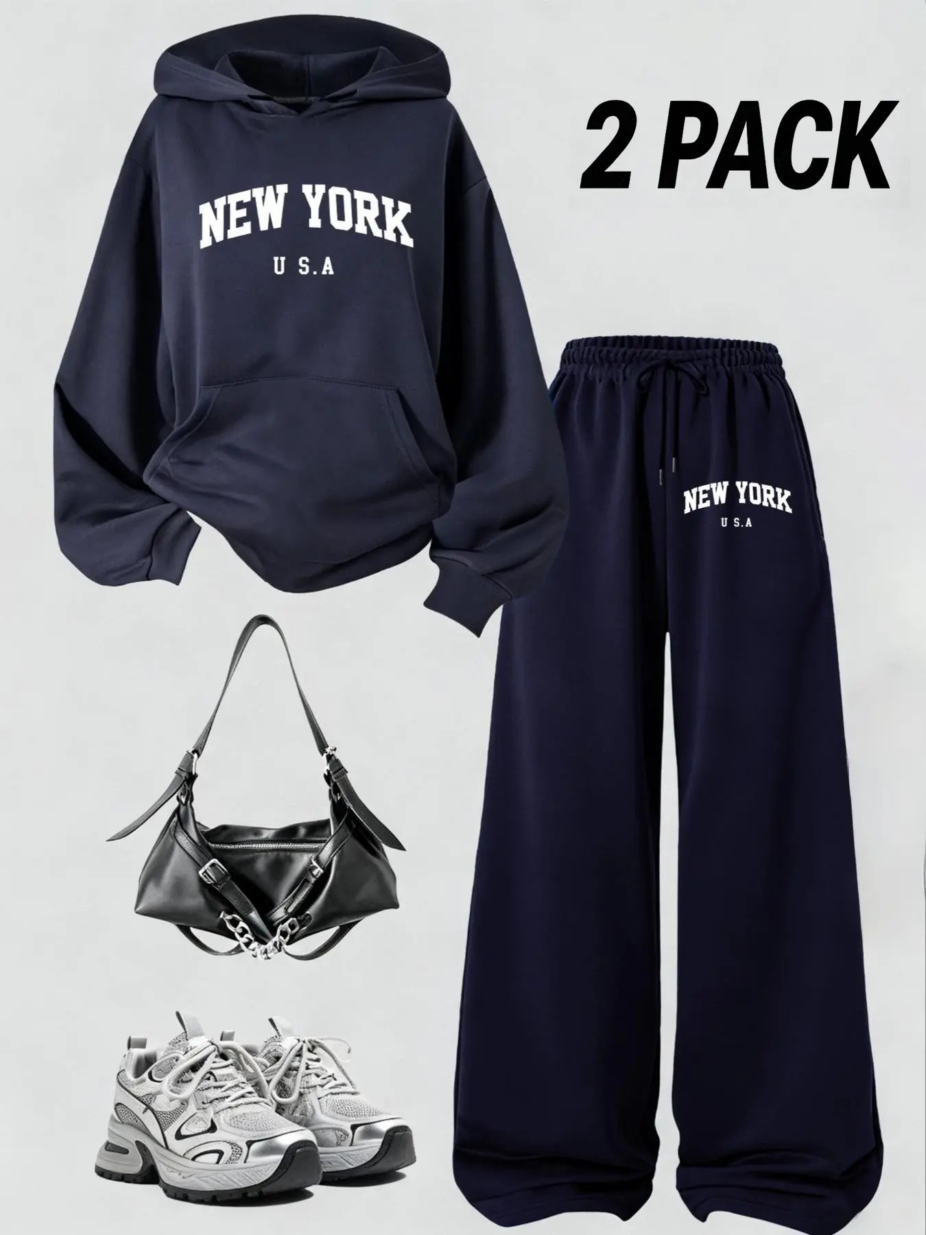New York Letter Print Hoodie Sweatshirt, Wide Leg Pants Two Piece, Ladies Casual Long Sleeve Hooded Tracksuit, Trendy Street Style Jogger Set