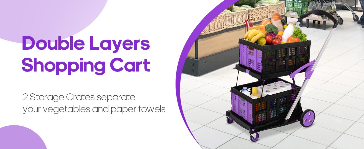 Foldable Utility Cart with Wheels,2 Layers Multifunctional Folding Cart for Cosmetic Organizer,Grocery,Office,Warehouse,Garden, Double Layers Foldable Shopping Cart,Folding Trolley for Luggage Heavy Duty(Blue/RED/PINK/Purple) Foldable Utility Cart with Wheels,2 Layers Multifunctional Folding Cart for Cosmetic Organizer,Grocery,Office,Warehouse,Garden, Double Layers Foldable Shopping Cart,Folding Trolley for Luggage Heavy Duty(Blue/RED/PINK/Purple)