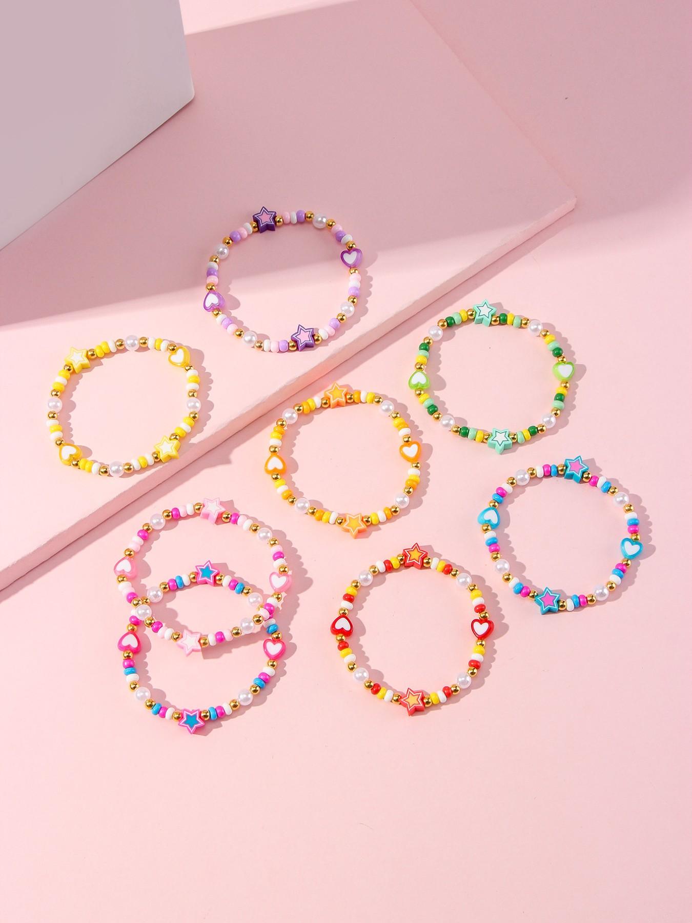 8pcs/set Multicolor Acrylic Heart Star Glass Pearl Beaded Bracelets, Girls' Party Gifts, All Seasons Fashion Accessories