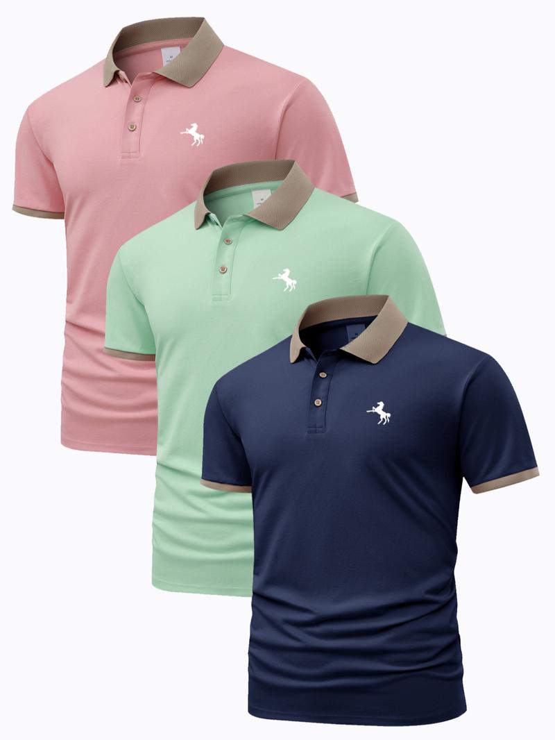 Men's Horse Pattern Polo Shirt, Regular Fit Casual Short Sleeve Button Front Polo Top for Summer, Men's Clothes for Daily Wear, Vacation Clothes, Polo Shirt Set