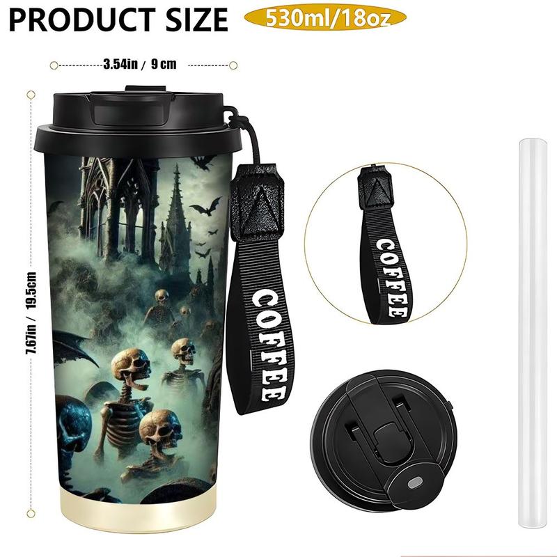 1pc 18oz Insulated Cup, Gothic Scene with Mysterious Character and Skeletal Hand, Double-Wall Design for Hot or Cold Beverages