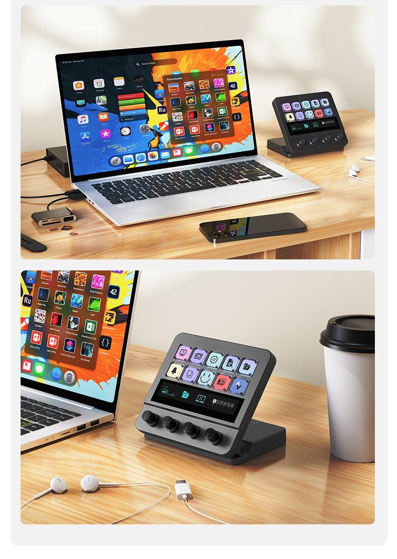 AJAZZ AKP05E Desktop Streaming Controller Programmable LCD Button Multi functional Knob Touch Screen Operation 0-60 ° Adjustable Bracket Compatible with Win/Mac Office Live Streaming Multi scene Application USB Controller