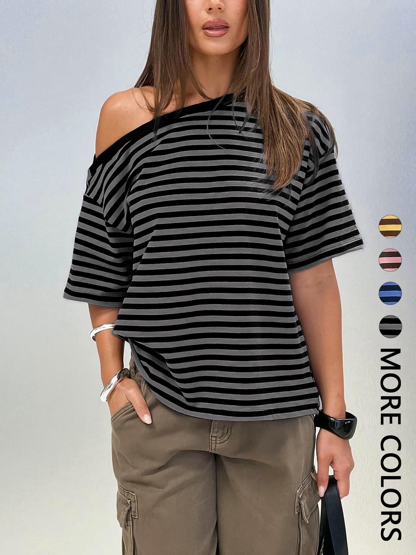 Women's Striped Off-Shoulder T-Shirt, Lightweight Casual Loose Fit Top, Comfortable Daily Wear, Trendy Summer Fashion