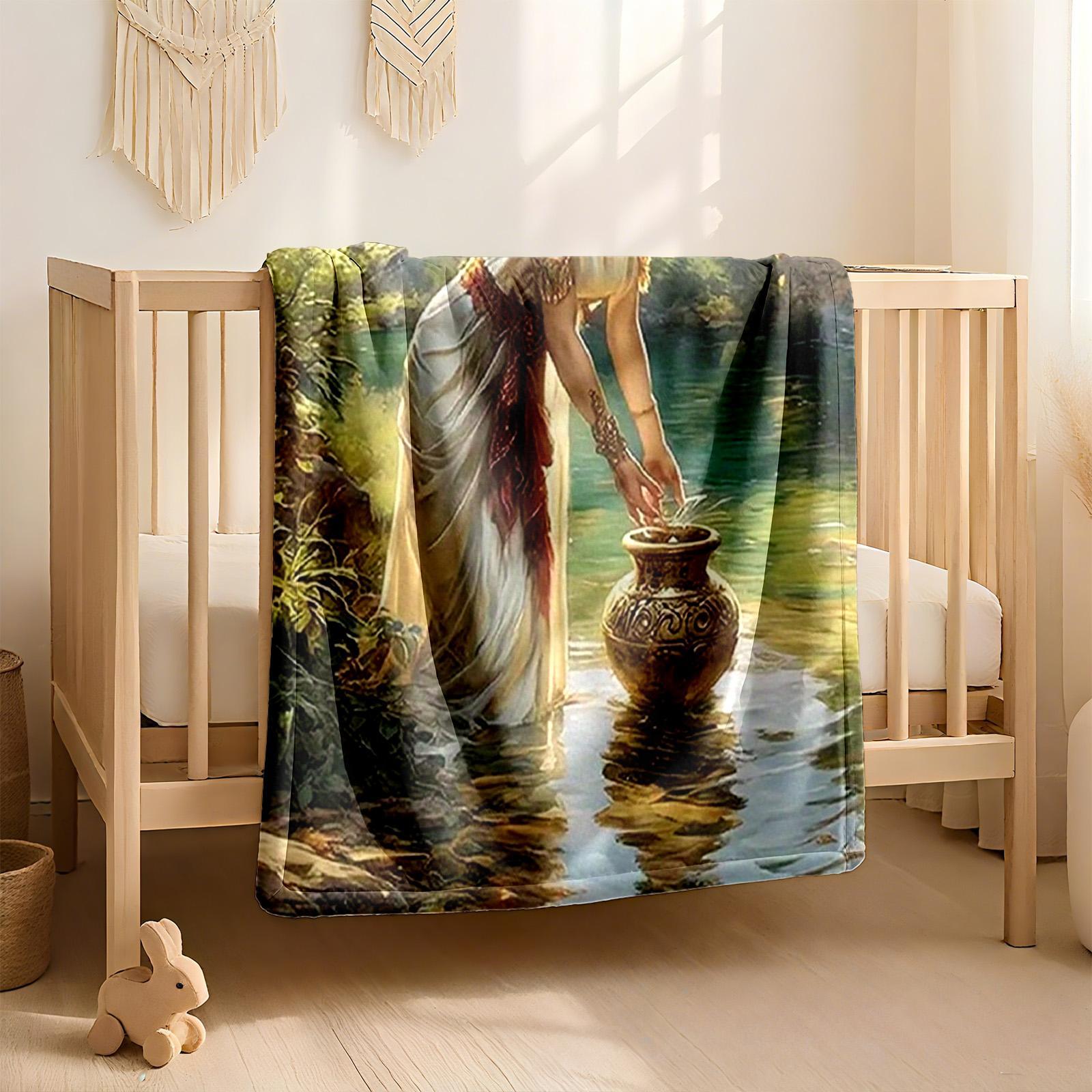 1 piece Classical style woman drawing water by the stream oil painting themed flannel blanket - Oversized fluffy flannel sofa blanket, suitable for beds and sofas, modern design, all-season use, digitally printed pattern, 100% polyester material