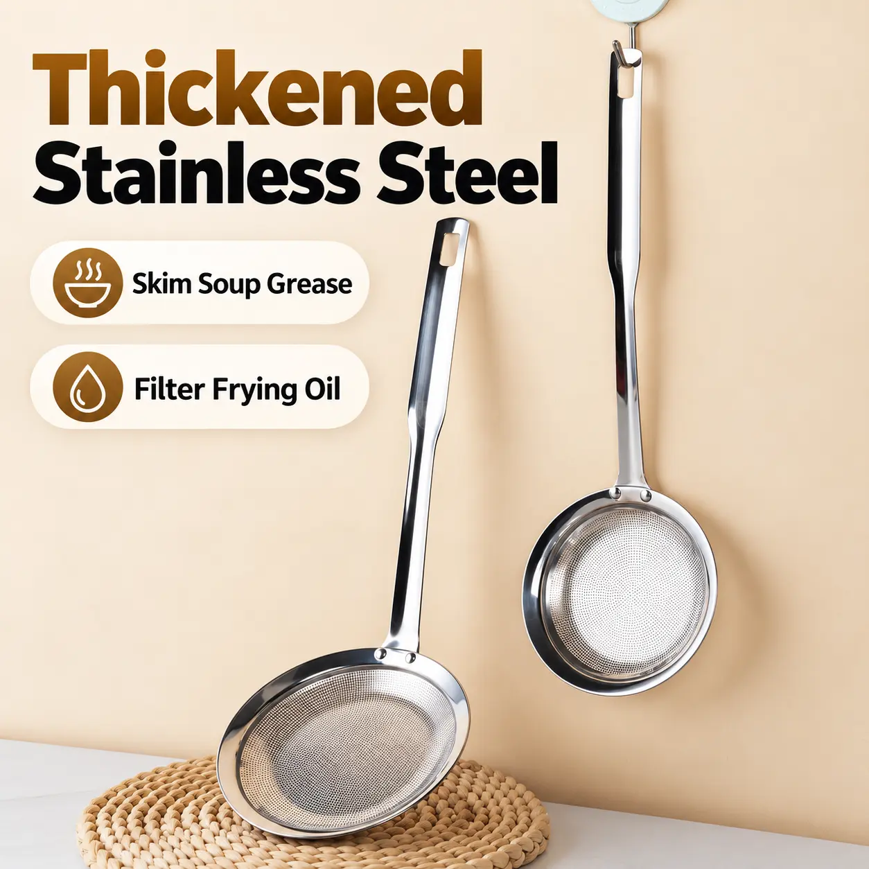 Stainless Steel Fat Skimmer Spoon, Fine Mesh Strainer with Long Handle for Skimming Grease, Foam and Food Debris from Soups, Broths, Stews and Hot Pot, Kitchen Cooking Utensil