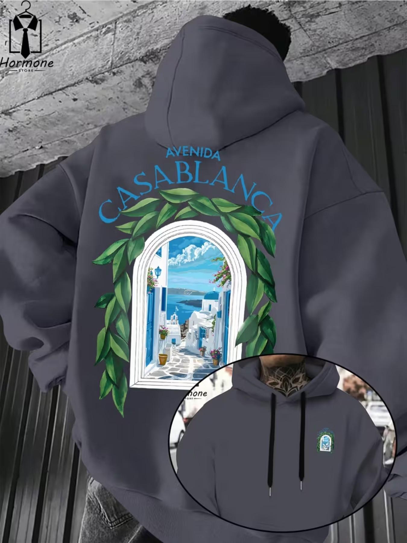 Men's Casual Hooded Sweatshirt, Avenida Casablanca Text & Landscape Print, Spring Fall Warm Pullover, Kangaroo Pocket Design
