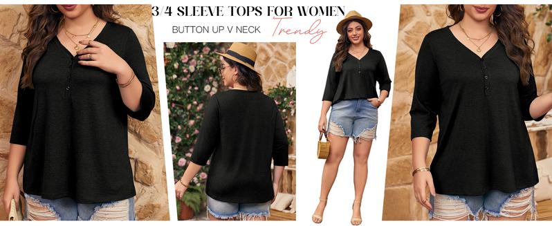 【L-5XL】 Imily Bela Curve Womens Plus Size Tops V Neck 3/4 Sleeve Casual T-Shirts Loose Basic Tunic Tees Summer Vneck Minimalist Streetwear