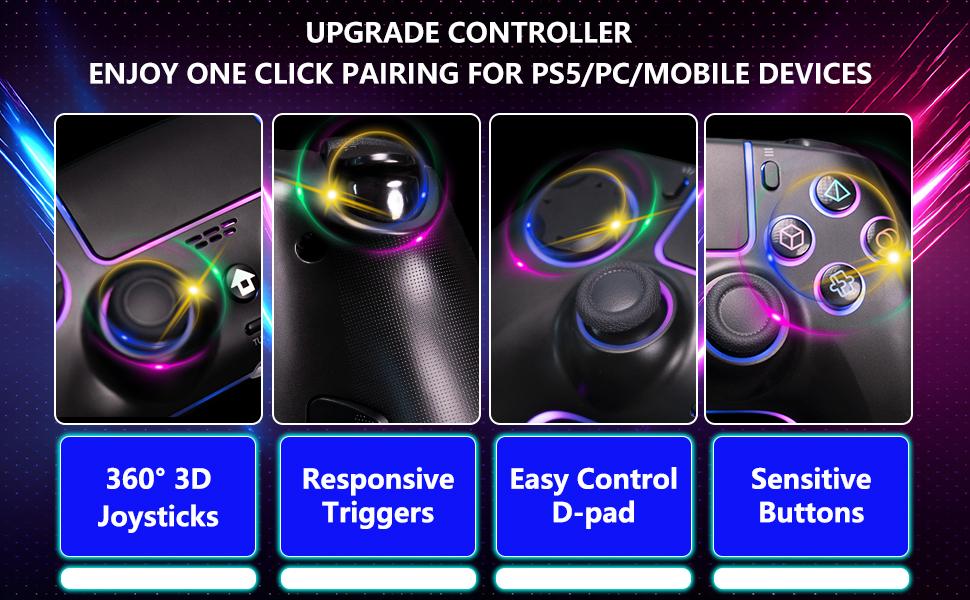 YUYIU Wireless Controller for PS5/Slim/Pro, Windows PC & Smartphone - 3.5mm Audio Jack, Touch Pad, 6-Axis Motion Control, Charging Cable Included, Black Custom Console Accessories, Gaming Items