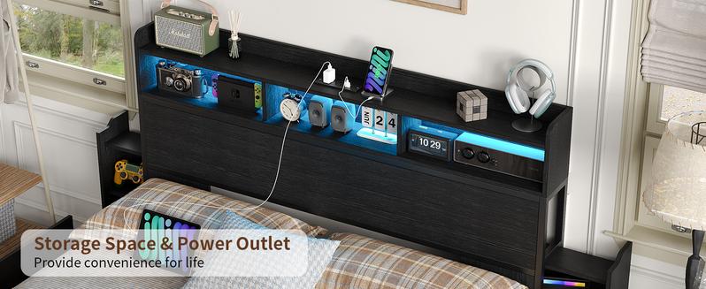 FUSOU LED Twin & Full Size Bed Frame with Charging Station, Metal Platform Bed Frame with Headboard, No Box Spring Needed, Heavy Duty