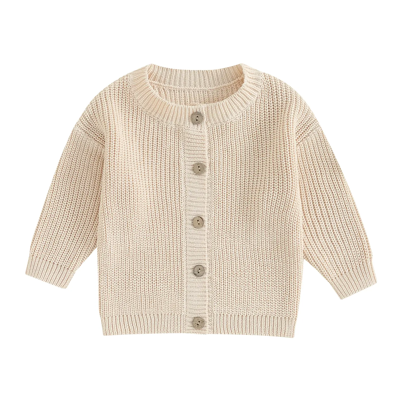 Toddler Baby Oversized Knit Sweater Beige Chunky Cable Knit Shoulder Button Pullover Jumper for Boy Girl