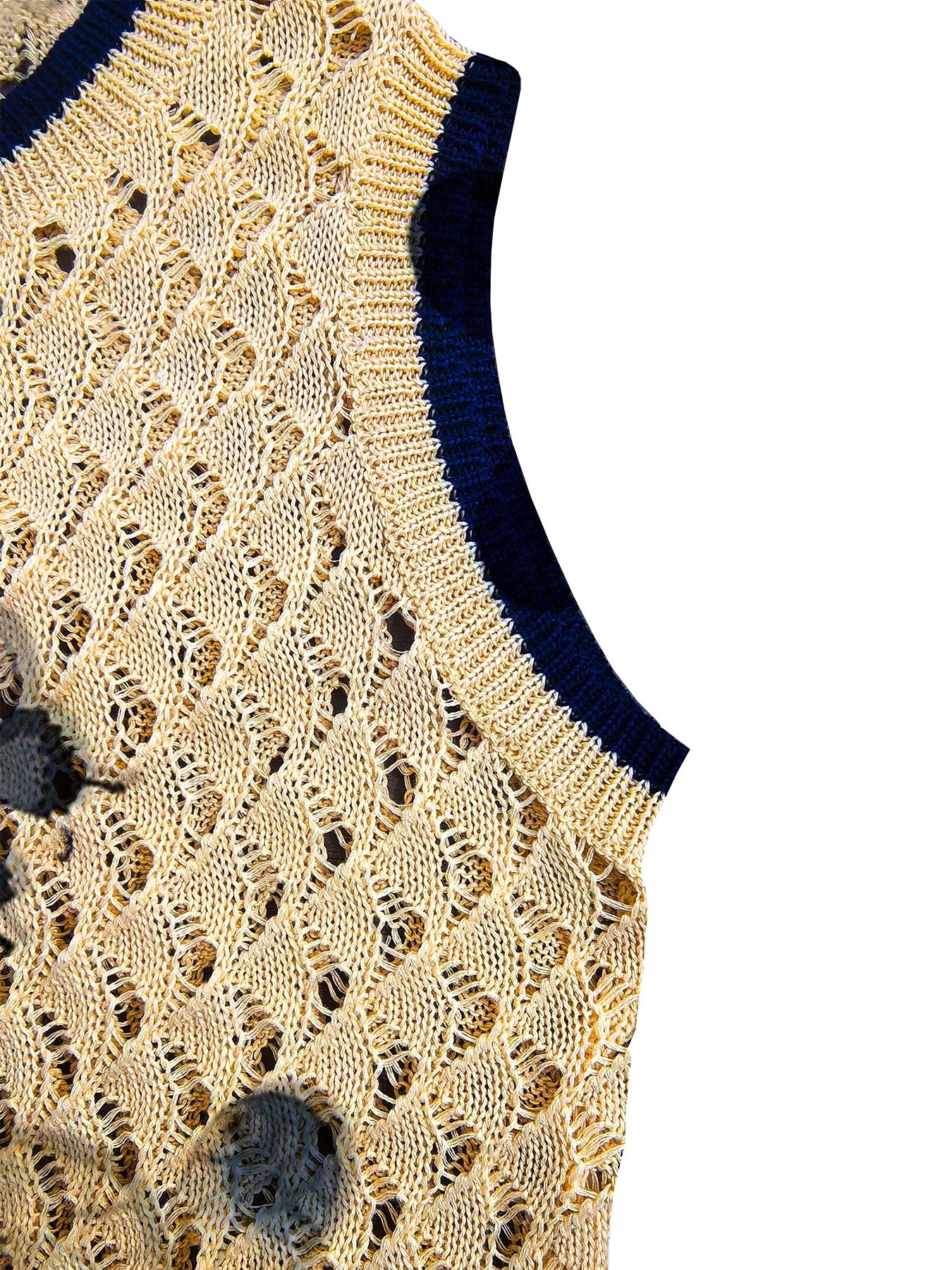 Spring Summer Elegant Women's Butterfly Print Round Neck Knit Vest, Casual Sleeveless Knit Top, Breathable Fashion Wear, Hollow Out Design