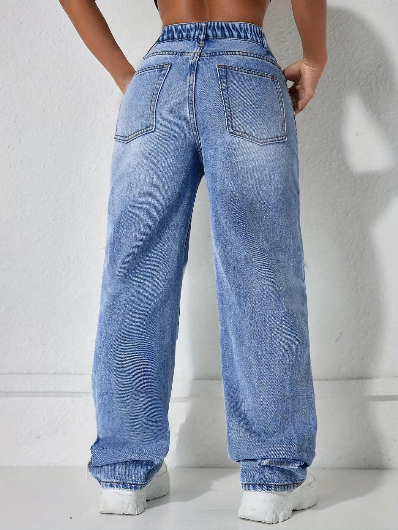 Elegant Fashion Street Style High Waist Ripped Denim Jeans, Spring Summer Fall Women's Loose Straight Leg Pants, Trendy Casual Wear