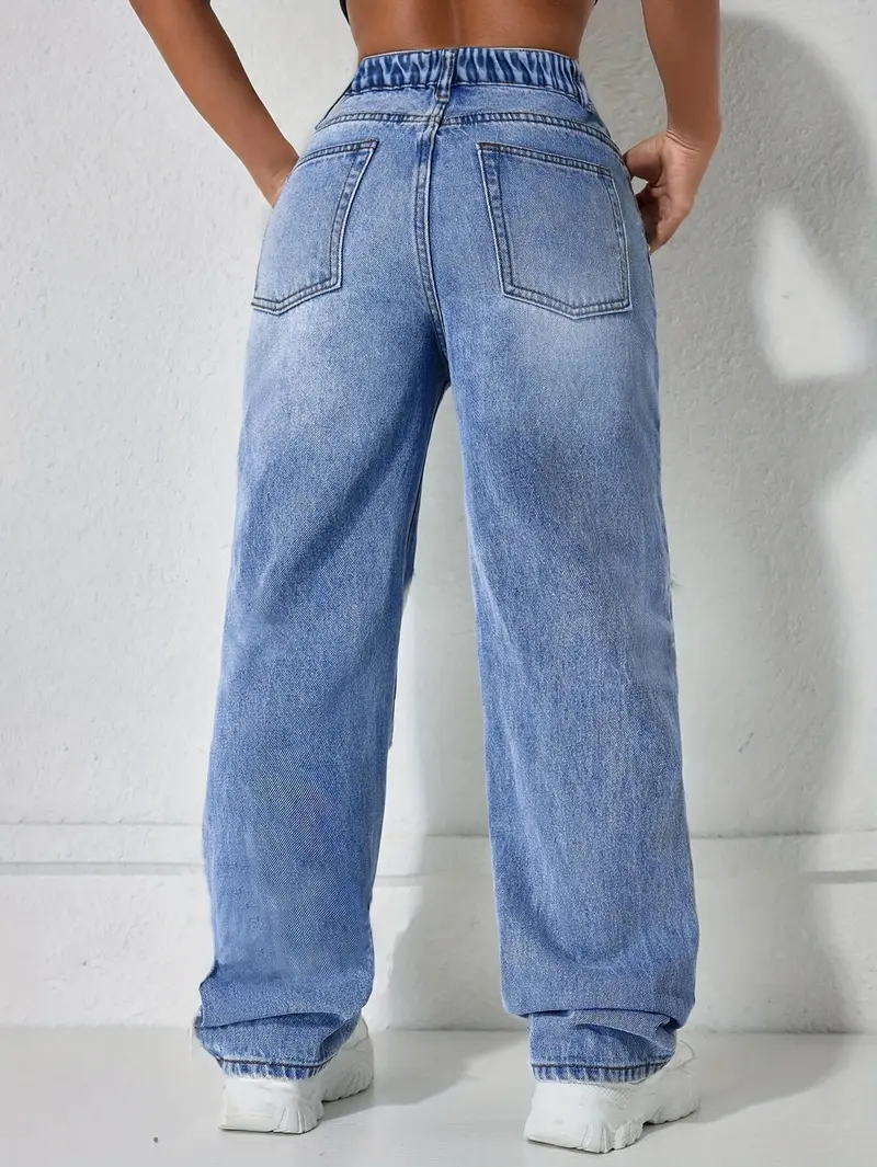 Fashion Street Style High Waist Pocket Ripped Denim High Rise Jeans, Women's Loose Baggy Straight-Leg Pants for Spring Summer Fall, Trendy Casual Wear, Casual Design Jeans, Streetwear, Womenswear