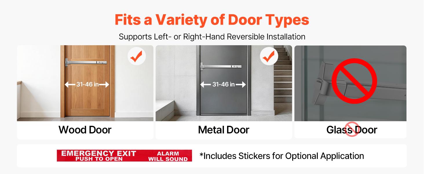 VEVOR Stainless Steel Push Bar Panic Exit Device, 31" Universal Commercial Emergency Exit Door Hardware with Auto Alarm System & Sticker, Anti-Theft for 31"-46" Wood/Metal Doors, Silver for Schools & Apartment Buildings