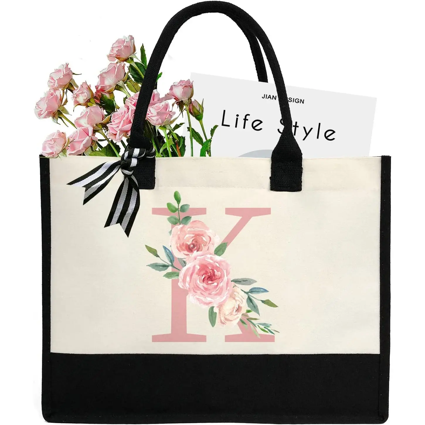 Initial Canvas Tote Bag for Women, Beach Bag with Inner Zipper Pocket Personalized Gifts for Wedding, Birthday | Initial