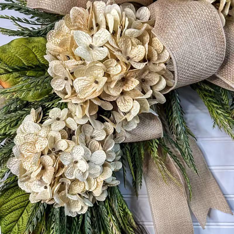 Rustic Hydrangea Wreath Hanging Decor, Bohemian Plastic Floral Door Hanger, Linen Bow and Leaves, Farmhouse Style, Holiday Decoration