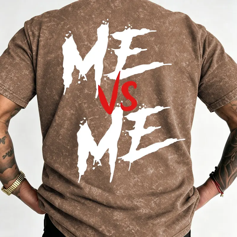 Vintage Washed Fitted Short‑Sleeve Man T‑Shirt, Me Vs Me Motivational Graphic Print Crew Neck Tee, Fitted Casual Streetwear Top For Daily Wear And Hip‑Hop Style Outfits